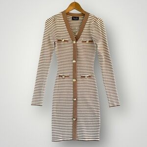 Brown & Cream Houndstooth Knit Button-Front Dress